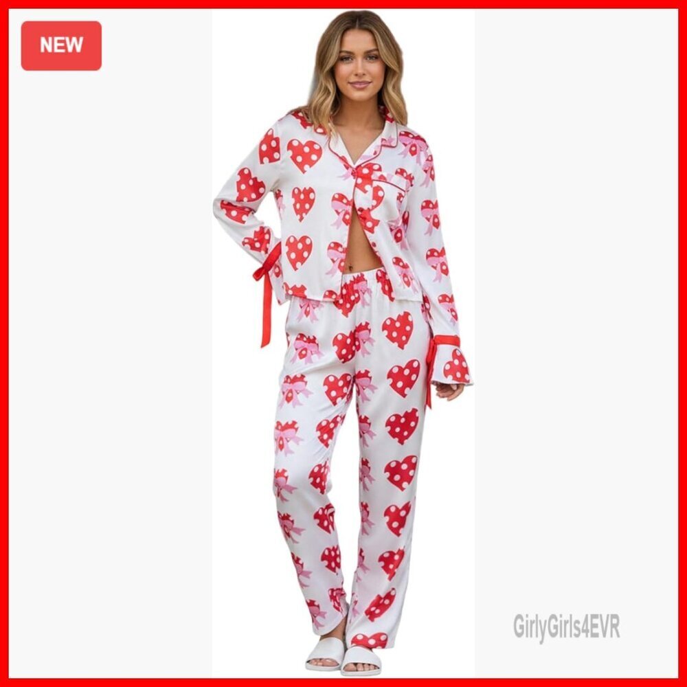 Women's 2-Piece Heart Print Pajama Set Long Sleeve Button-Up Top & Pants